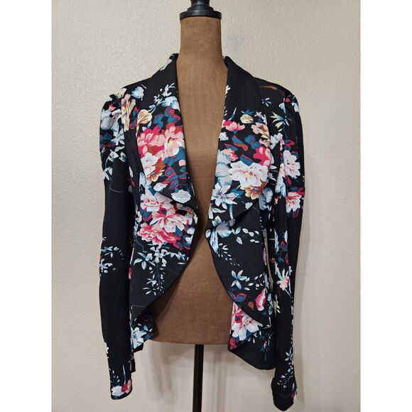 Shein Women’s Black Floral Waterfall Open Front Blazer Jacket Size 8/10 - Picture 1 of 2